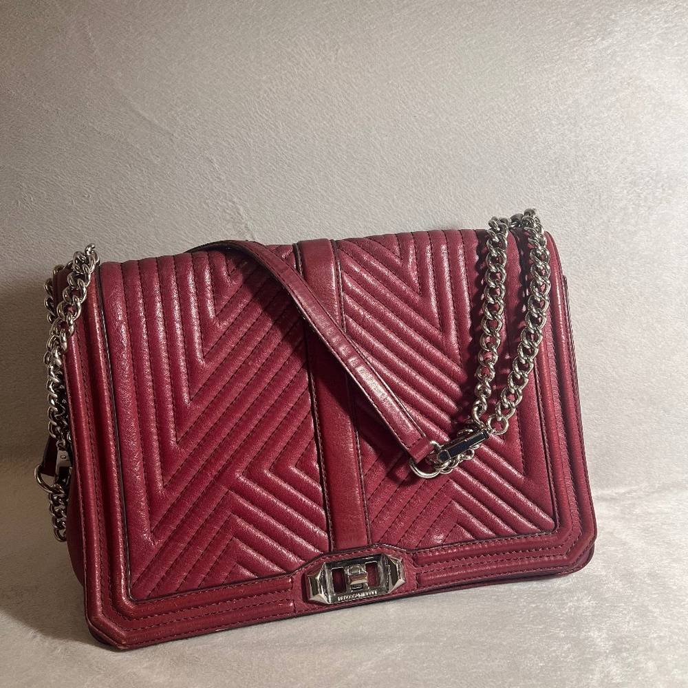 Rebecca Minkoff Love Crossbody Bag Burgundy Quilted Leather Silver Chain